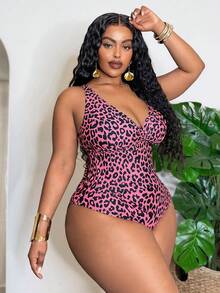 Slaydiva Plus Size Women 2pcs/Set Random Leopard Print Casual Swimwear Set Gym Summer - Multicolor - View 4