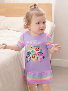 BABY SHARK X SHEIN Đầm ngắn tay cổ tròn kẻ sọc dễ thương cho bé gái, kiểu dáng bèo nhún. - Hồng - Xem 4