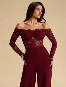 SHEIN BAE 黑色蕾丝性感透视镂空露肩连体裤，优雅女士连体裤，蕾丝阔腿连体裤 - 酒紅色 - 查看 6