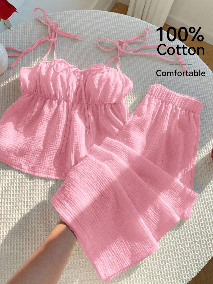 Comfortcana Plus Size 2 Pieces Set: Linen Ruffle Hem Camisole And Wide Leg Pants, Casual Holiday Style - Pink - View 1