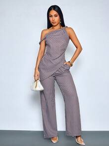 SOLERSUN Women's Chic Striped Asymmetrical Shoulder Twist Asymmetrical Hem Blouse & Wide Leg Pants With Pockets For Daily & Office, Striped Asymmetrical Two Pieces Set - Brown - View 7