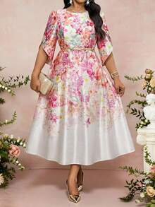 Fleurora 大码圆领中袖碎花优雅夏日连衣裙 - 彩色 - 查看 8