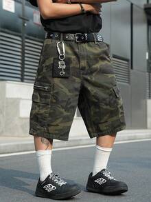 Manfinity EMRG Pantalones cortos cargo de mezclilla con camuflaje y múltiples bolsillos, estilo casual de calle para hombres - Verde militar - Ver 5