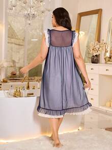 MuseNap CURVE Plus Size Sweet Mesh Patchwork Pleated Fabric Bow Nightgown - Navy Blue - View 2