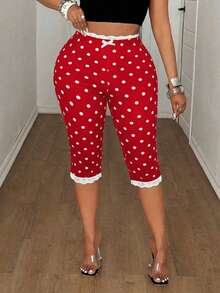 Maweii Plus Size Women Lace Trim Bow Decor Polka Dot Casual Versatile Daily Wear Skinny Capri Leggings - Red - View 4