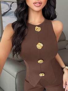 Vavine 优雅商务休闲女装套装，金属纽扣装饰，无袖弹力修身性感吊带背心和裤子黑色两件套，棕色女士最新款商务休闲女装套装，棕色粘胶纤维女士西装 - 棕色 - 查看 7