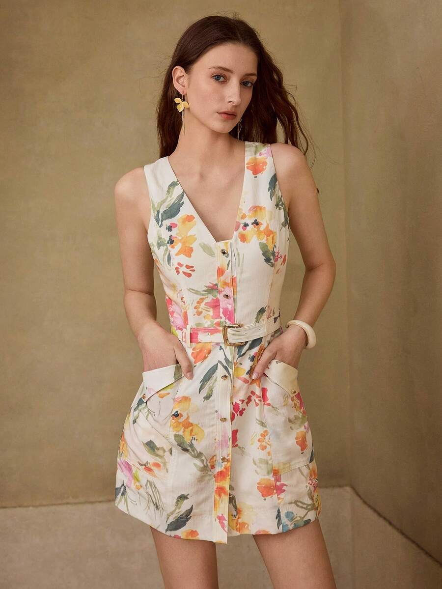 MOTF PREMIUM WOMEN'S LINEN PRINTED DRESS, SPRING/SUMMER - Light Yellow - View 1