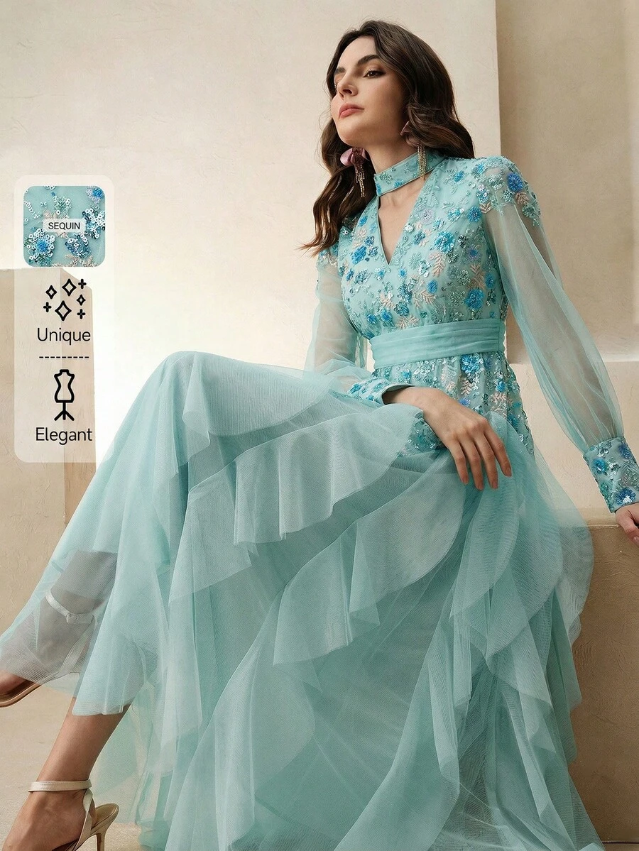 Anewsta Women's Elegant Multicolor Embroidered Dress, Long Sleeve Patchwork Pleated Mesh Long Formal Gown, Suitable For Spring, Vacation, Festival, Holiday, Wedding Guest, Party - Blue - View 1