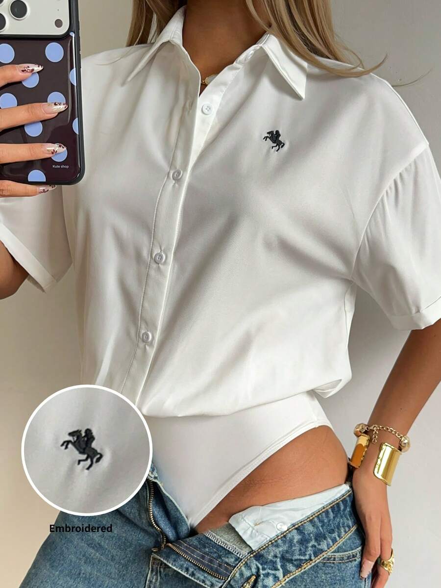 SHEIN EZwear Body blanco bordado con diseño ecuestre tejido para mujer - Blanco - Ver 1
