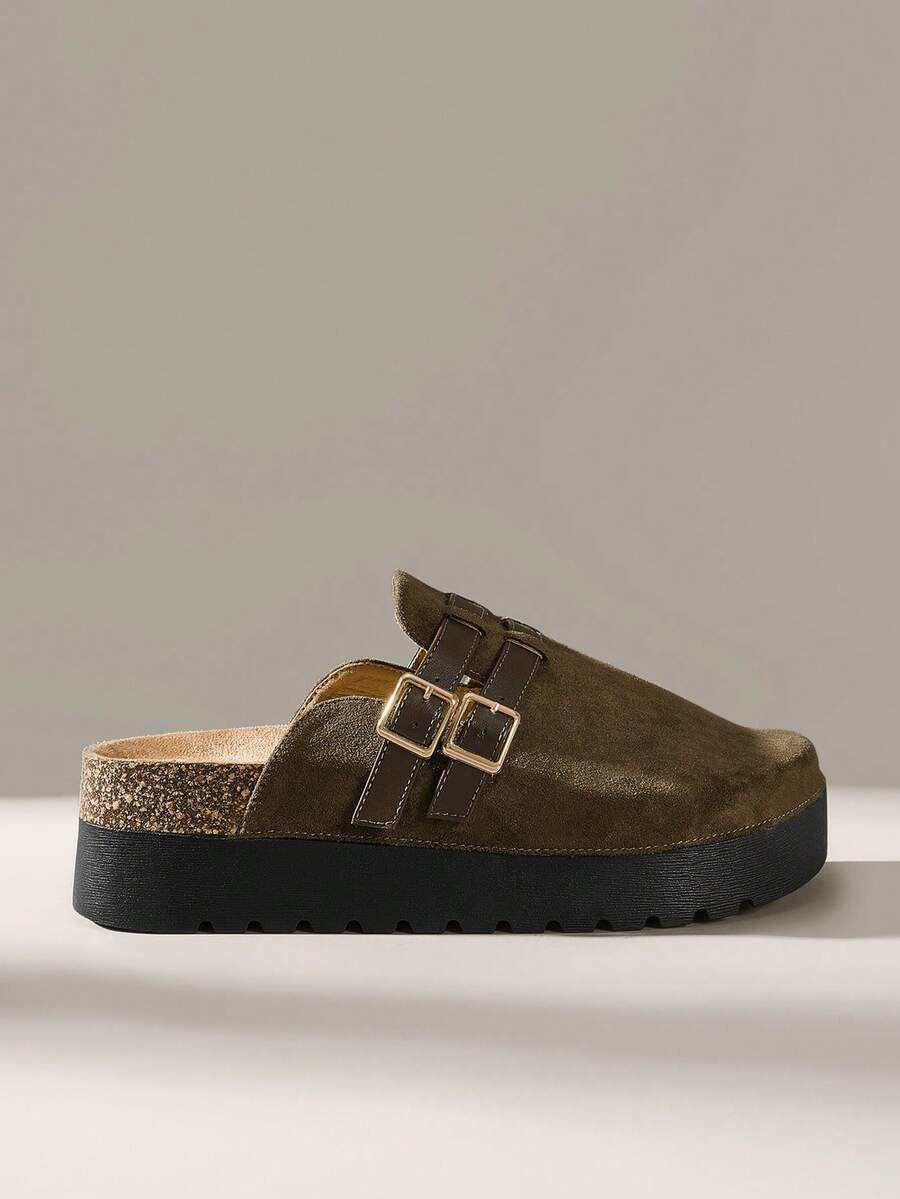 Solecia Women Casual Versatile Slippers Button Platform Shoes - Dark Green - View 1
