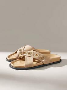 Solecia Women Shoes Metal Rings Rivets Decorative Cross Strap Design Round Toe Flat Bottom Flat Heel Vintage Western Style Frosted Suede Cowhide Khaki Women's Drag Daily Home Wear Shopping Seaside Vacation Cafe Check In Market Strolling Summer - Khaki - View 6