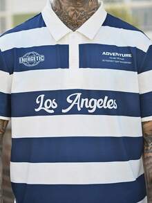 Devon Thys Áo polo nam đơn giản màu xanh trắng kẻ sọc in chữ cái đại học, thích hợp cho đi học, đi chơi và làm quà tặng bạn bè. - Màu xanh lam - Xem 3