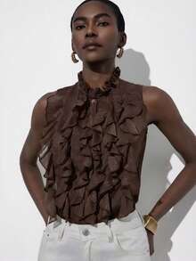Aveloria Modichic Olive Green Sleeveless Layered Ruffle Collar Blouse, Metallic Chiffon Elegant Versatile Casual Commute, Vintage French Romantic - Coffee Brown - View 4
