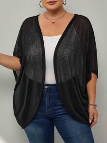 SHEIN CURVE+ Conjunto de cárdigan transparente de talla grande - Negro - Ver 3