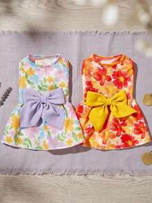 PETSIN 1pc Colorful Small Flowers And Red And Yellow Chrysanthemums With Bow Print Pet Dress, Gentle And Breathable Summer Vacation Style Sleeveless Pet Clothing - Multicolor - View 2