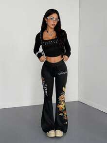 StreetHx 女士字母花卉印花抽绳腰休闲喇叭裤，适合日常穿着 - 黑色 - 查看 4