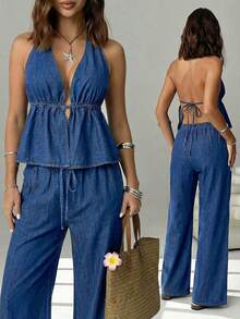 SHEIN EZwear Conjunto de 2 piezas de verano de talla grande con top de mezclilla con escote halter y espalda descubierta y pantalones vaqueros, ideal para carnaval, vacaciones, graduación, fiesta, boda, negocios y playa - Azul - Ver 1