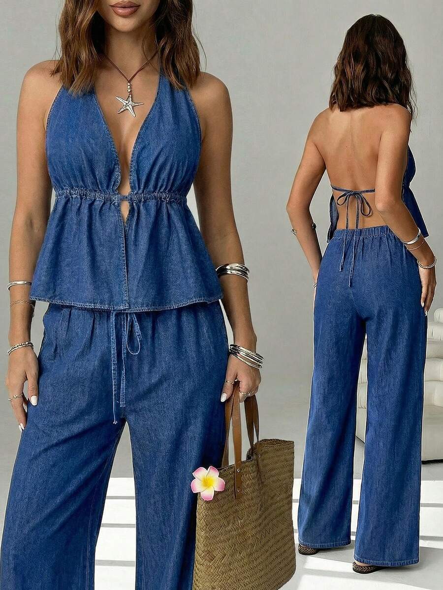 SHEIN EZwear Conjunto de 2 piezas de verano de talla grande con top de mezclilla con escote halter y espalda descubierta y pantalones vaqueros, ideal para carnaval, vacaciones, graduación, fiesta, boda, negocios y playa - Azul - Ver 1