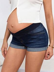SHEIN Asymmetric Waist Skinny Casual Maternity Denim Shorts Summer Carnival Costume Commuting Vacation Graduation Chic Y2k Cute Streetwear Party Wedding Elegant Business Casual Woman Business Beach Graduation Easter Maternity Dark Wash Denim Shorts With Roll Up Hem And Comfy Supportive Over Bump Band For Expectant Mothers - Blue - View 7