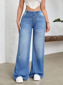 Flexra Quần jeans ống loe nữ đa năng, thoải mái, có túi, thích hợp mặc hàng ngày. - Màu xanh lam - Xem 4