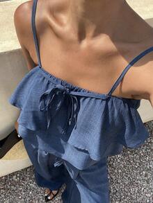 DAZY Bộ 2 món thời trang nữ gồm áo hai dây ngắn xếp ly và quần ống rộng cạp cao buộc dây, thích hợp mặc mùa hè. - Màu xanh lam - Xem 4