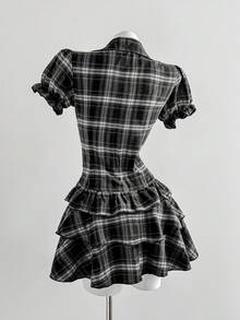 Elamini Đầm ngắn tay nhiều lớp in họa tiết kẻ caro phong cách thường ngày dành cho nữ. - màu đen - Xem 2