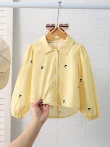 Elladie kids Girls Cherry Pattern Bow Decor Long Sleeve Yellow Shirt,Summer White School Back-To-School Kids Blouses Tops Outfits - Yellow - View 2