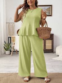 SHEIN LUNE 大码女式纯色简约日常穿搭无袖上衣和裤子两件套 - 橄欖綠 - 查看 1