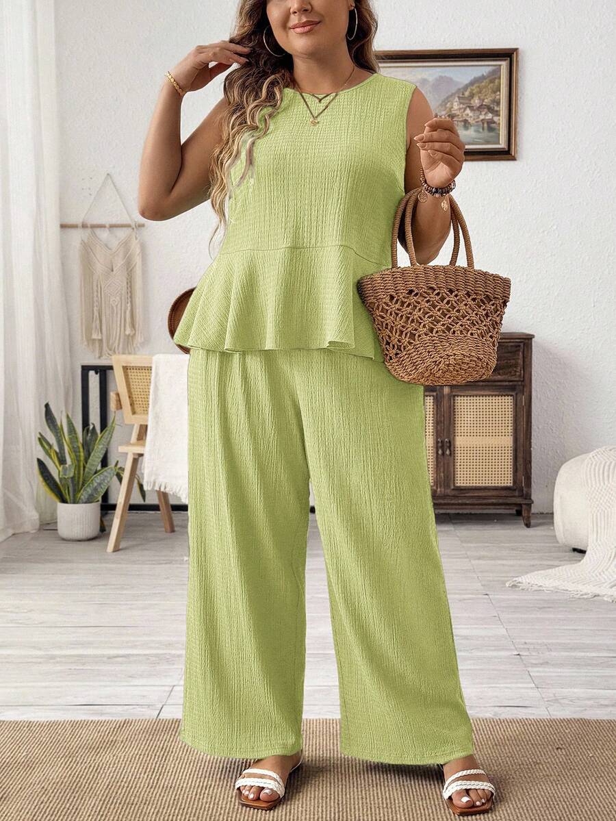 SHEIN LUNE 大码女式纯色简约日常穿搭无袖上衣和裤子两件套 - 橄欖綠 - 查看 1