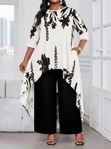 SHEIN Lady 2025新款女装两件套加大码商务通勤撞色印花不对称下摆上衣和裤子套装优雅夏季度假女装加大码两件套女装秋季女装 - 彩色 - 查看 3