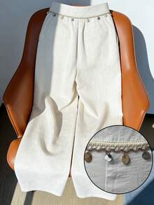 Franclia 杏色阔腿裤，女士款，轻薄面料，贝壳流苏设计，飘逸丝滑，夏季款 - 白色 - 查看 2