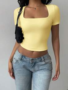 SHEIN BASICS 纯色针织可翻领修身短款女式上衣 - 淡黃色 - 查看 5