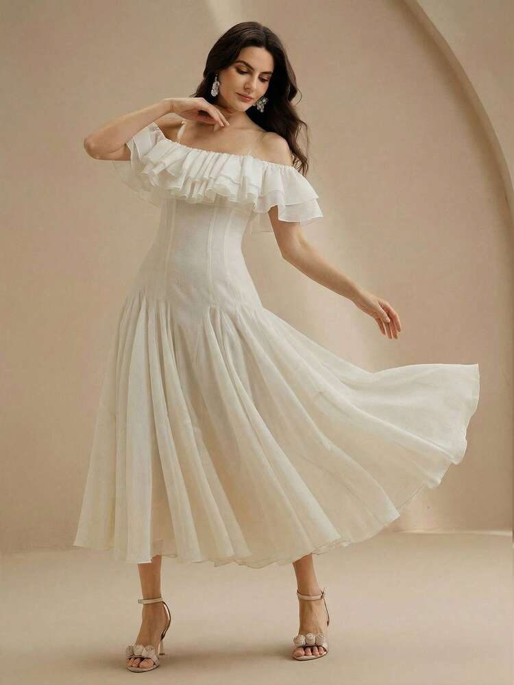 Elegant, Party, Vacation Dress - Apricot Detachable Strap Dress, Multi-Layer Ruffle One-Shoulder, Long Dress For Summer