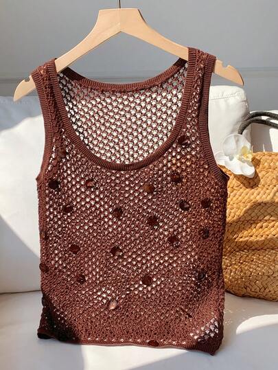 Comfortcana Áo vest dệt kim đính sequin màu trơn, thiết kế khoét rỗng dành cho nữ