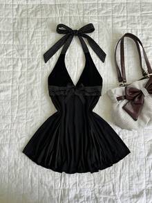 Elamini Spring Sexy V-Neck Halter Lace Patchwork Polka Dot Double Ruffle Bow Tie Bodycon Mini Dress Holiday - Black - View 1