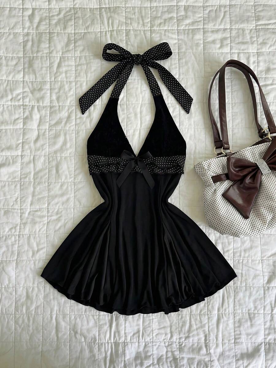 Elamini Spring Sexy V-Neck Halter Lace Patchwork Polka Dot Double Ruffle Bow Tie Bodycon Mini Dress Holiday - Black - View 1