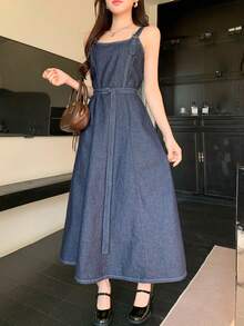 FRIFUL Vestido de peto de mezclilla casual con tirantes ajustables para mujer, de verano - Azul - Ver 4