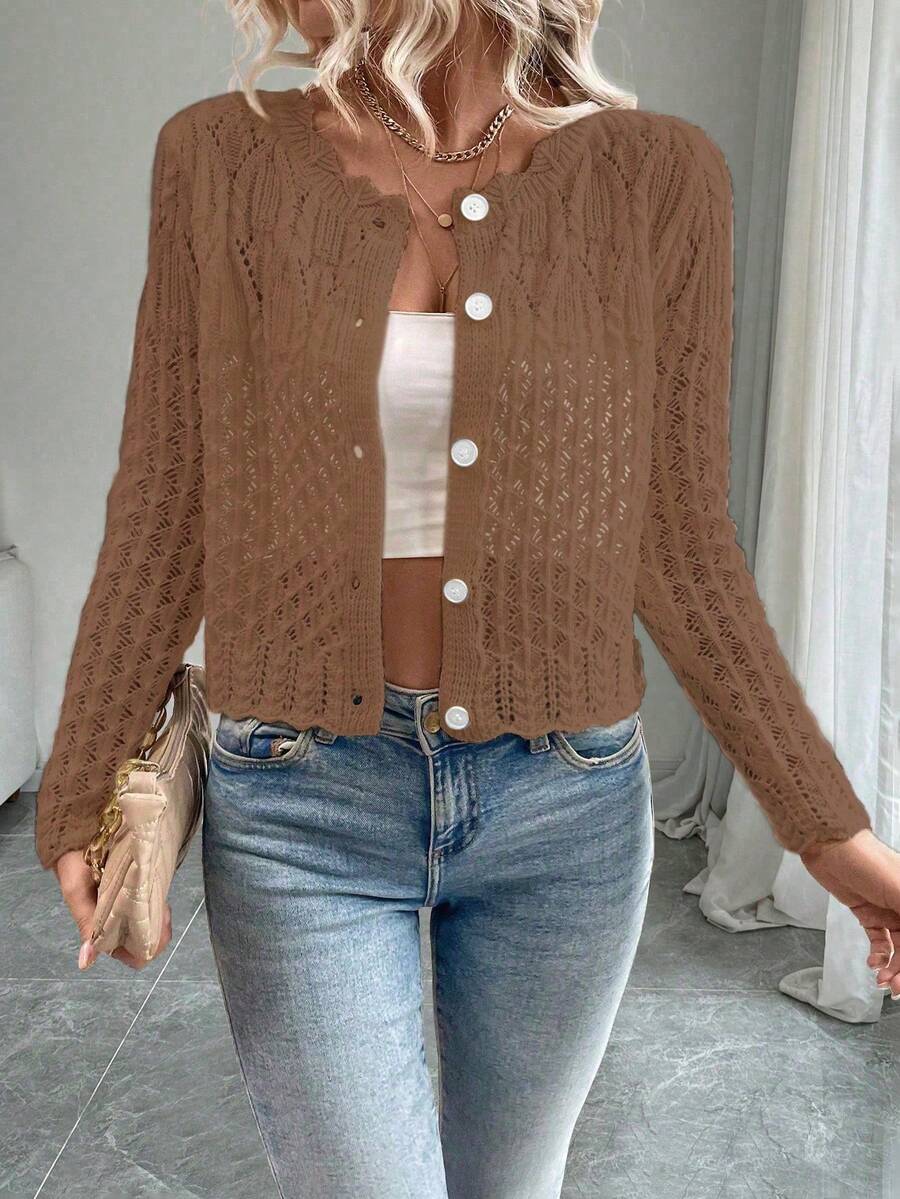 EMERY ROSE Women's Round Neck Hollow Front Button Cardigan, Autumn/Winter Knitted Sweater Jacket Golf White Basic Sexy - Rust Brown - View 1