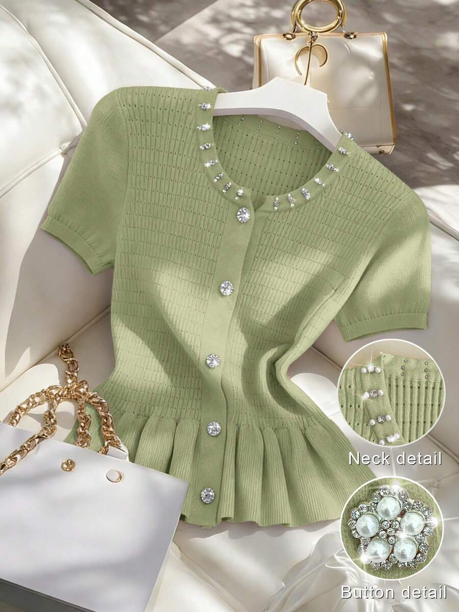 Franclia Cardigan Wanita Warna Hijau Sage Elegan untuk Kencan Musim Panas, Atasan Lengan Pendek Pas Badan dengan Leher Bulat, Dekorasi Kancing Rhinestone & Mutiara, Hem Bergelombang, Serbaguna untuk Sehari-hari - Hijau - View 1