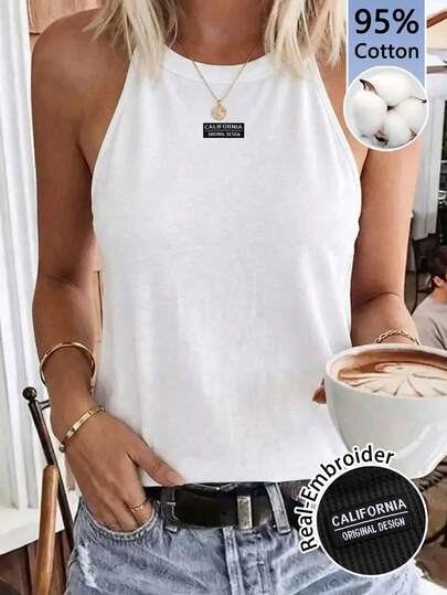 SHEIN LUNE Áo tank top nữ cổ yếm ôm sát, chất liệu 95% cotton, thêu chữ tiếng Anh, thích hợp cho mùa hè, hoạt động ngoài trời, phong cách đường phố, sân bay, thời trang, đi làm, tiệc cưới, kỳ nghỉ, đi biển.