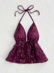 Sweetra American Laidback Chic Purple Beaded Halter V-Neck Backless Sexy Fashionable Versatile Party Camisole For Summer Holiday - Purple - View 1