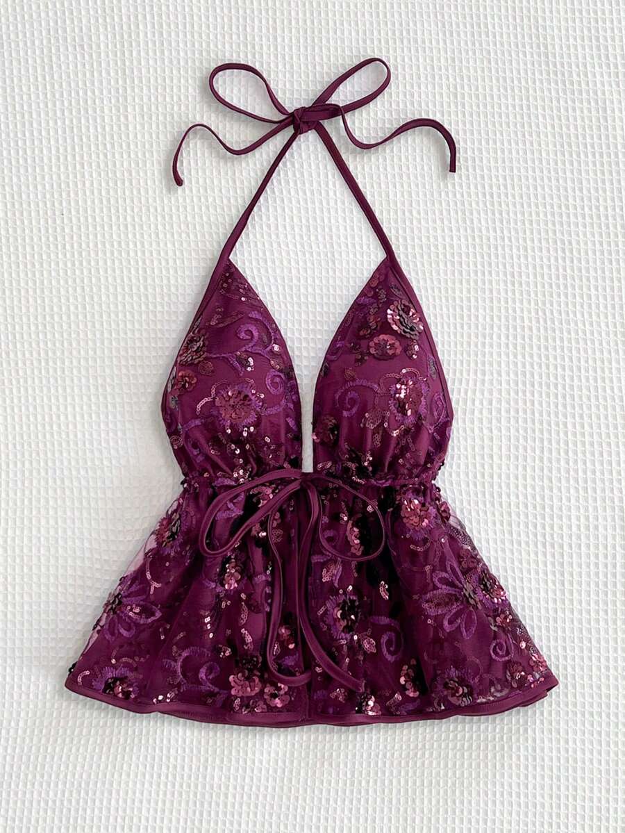 Sweetra American Laidback Chic Purple Beaded Halter V-Neck Backless Sexy Fashionable Versatile Party Camisole For Summer Holiday - Purple - View 1