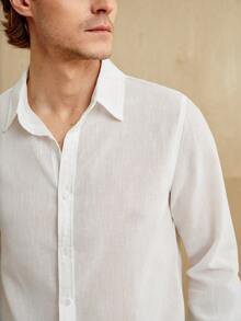 MENRIVO Men White Linen Casual Solid Color Plain Front Button Long Sleeve Collar Shirt,For Going Out, For Fall - White - View 2