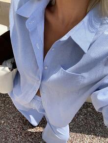 DAZY Spring & Summer Fashion Striped Casual Suit For Women, New Minimalist Design Lapel Long Sleeve Shirt And Loose Pants 2-Piece Set - Blue - View 6