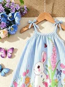 Kleine Mädchen Gestreiftes Blumen Süßer Kaninchen Muster Cami Kleid, Süß, Modisch, Geeignet für Ausflüge, Kleider, Alleiniges Tragen im Sommer, Urlaub, Kleider für Camping, Outdoor-Aktivitäten, Süßes Tier, Kawaii, Frische Blumen - Verschiedenfarbig - Übersicht 5