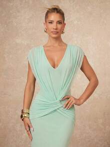 Lumalex 女士优雅性感绿色V领开衩扭结无袖修身连衣裙，春夏款 - 綠色 - 查看 4