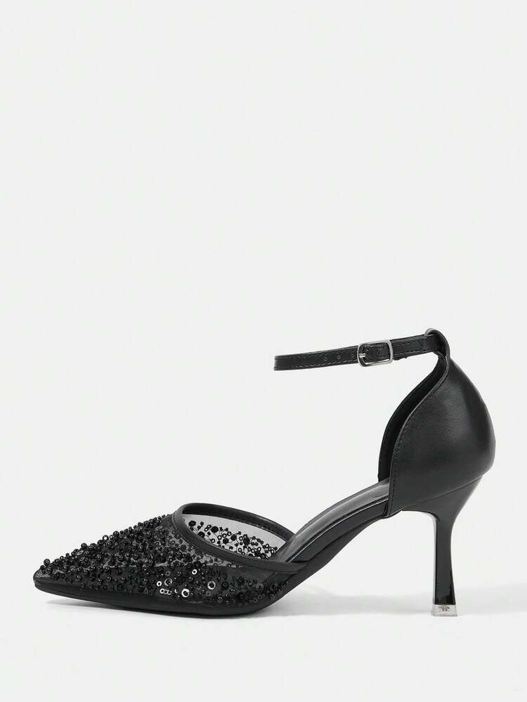 CUCCOO HITCHD Spring And Autumn Black Mesh Embroidered Beads Pointed Toe Thin Heel Sexy Elegant Hollow Women's High Heel Shoes