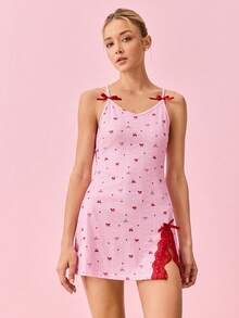 Bonmuse Camisón de mujer con estampado de corazón y lazo de jacquard tejido, con parches de encaje y abertura alta - Rosa - Ver 4