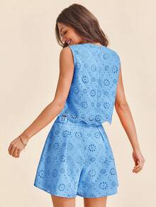 Vivid Eden Women's Elegant Blue Floral Eyelash Lace 2 Pieces Set,Summer Boho Holiday Jacquard Two Piece Sets,Vacation Outfits For Women,Beach Tea Party Brunch - Blue - View 2