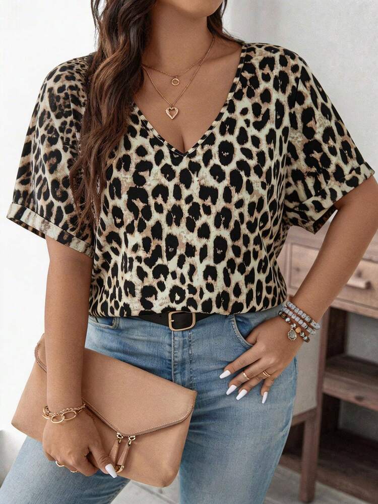 SHEIN LUNE Camiseta Casual Feminina Plus Size com Decote em V e